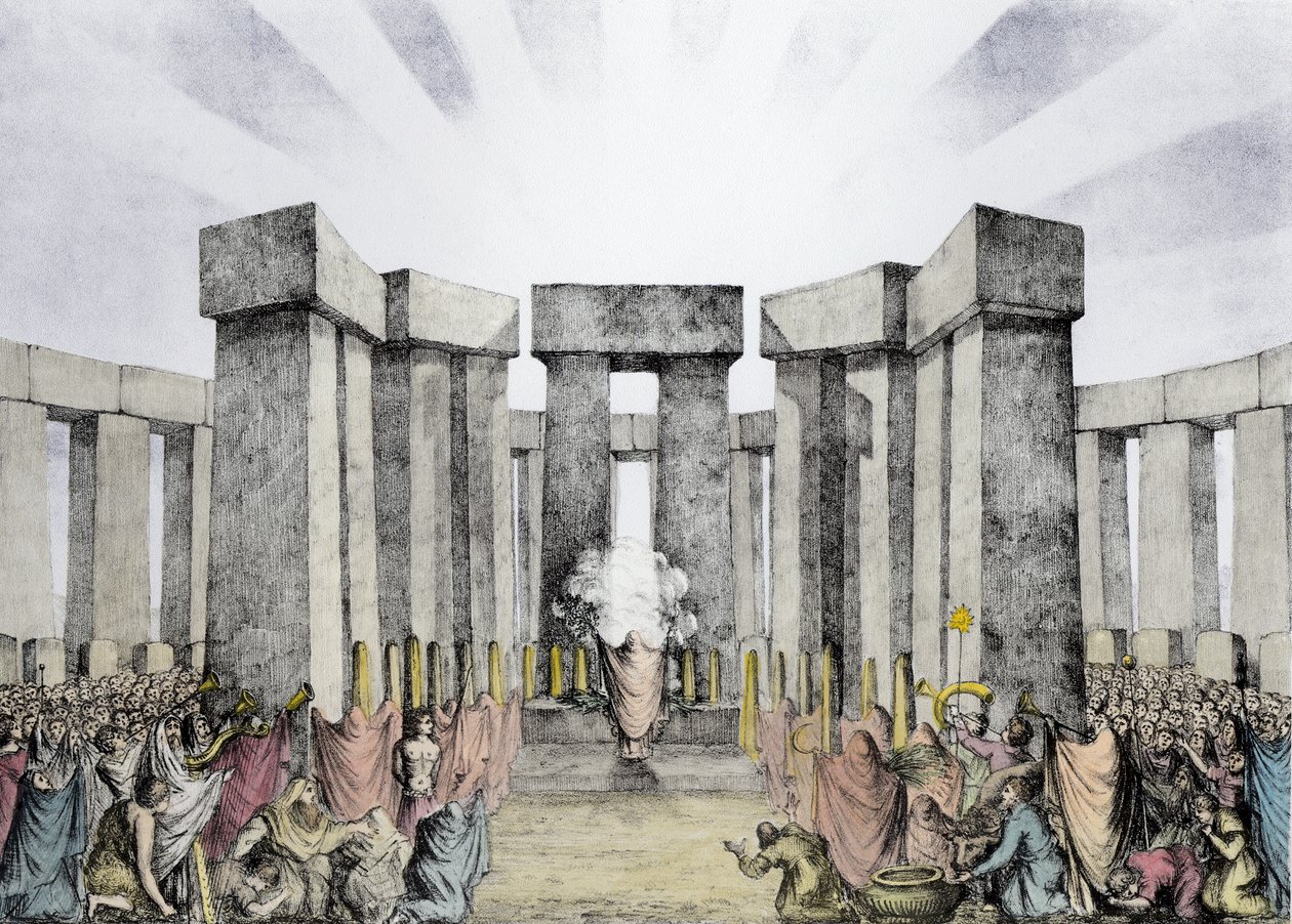 Druider som ofrer til solen i deres tempel kalt Stonehenge, fra en plan av Stonehenge av Dr Stukeley i Ashmolean Museum, Oxford, gravert og pub. av kunstneren (senere fargesetting av Nathaniel Whittock