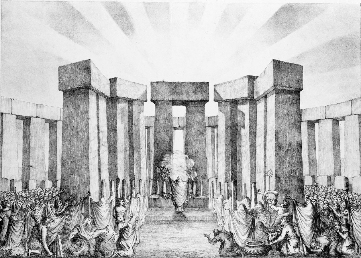 Druider som ofrer til solen i deres tempel kalt Stonehenge, fra en plan av Stonehenge av Dr Stukeley i Ashmolean Museum, Oxford, gravert og pub. av kunstneren av Nathaniel Whittock