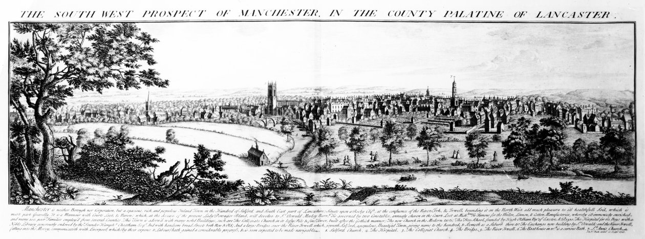 South West Prospect of Manchester på County Palatine of Lancaster, 1728 av Nathaniel and Samuel Buck