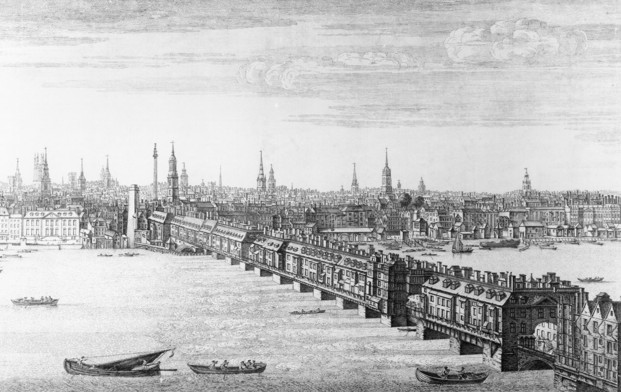 Vestfronten til London Bridge, 1749 av Nathaniel and Samuel Buck