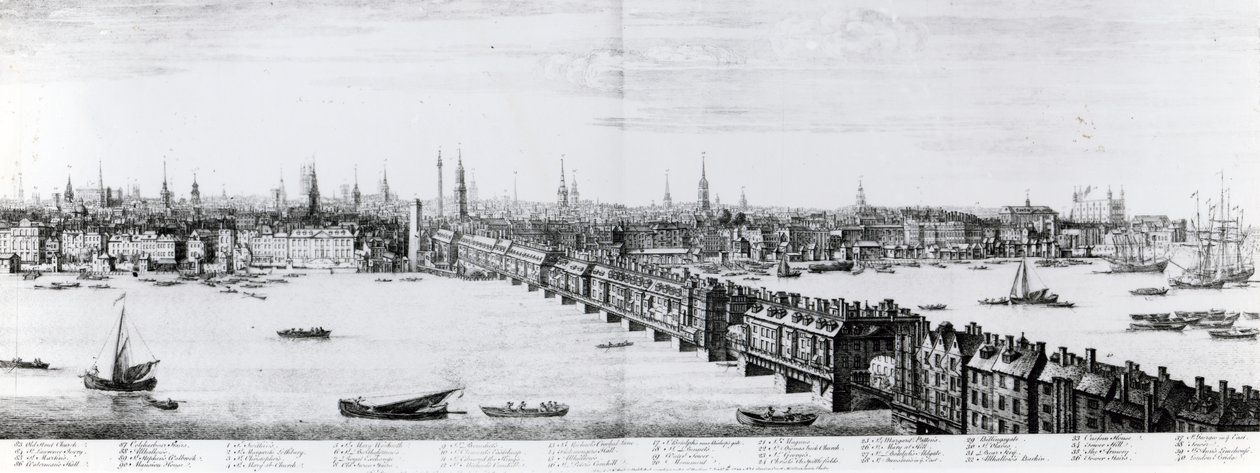 Vestfronten til London Bridge, 1749 av Nathaniel and Samuel Buck