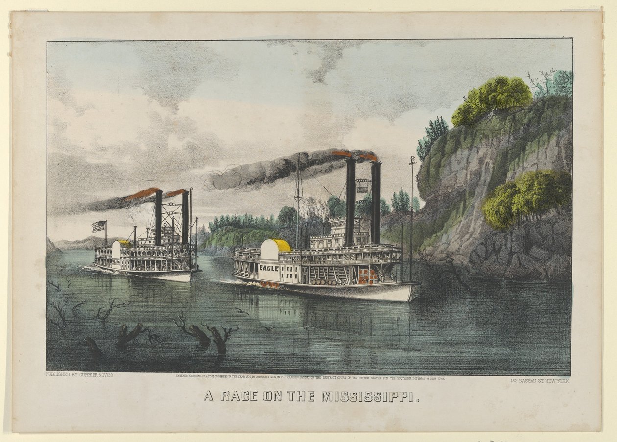 A Race on the Mississippi, 1870., 1870. Skapere: Nathaniel Currier, James Merritt Ives, Currier og Ives. av Currier and Ives