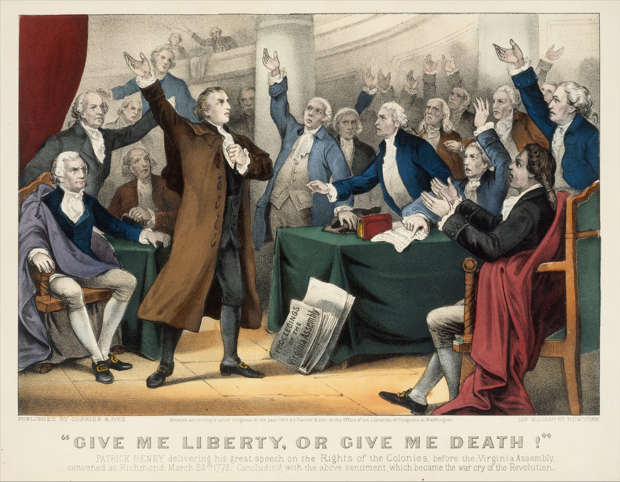 Gi meg frihet eller gi meg døden!-Patrick Henry holdt sin flotte tale om rettighetene ..., 1876. Skapere: Nathaniel Currier, James Merritt Ives, Currier og Ives. av Currier and Ives