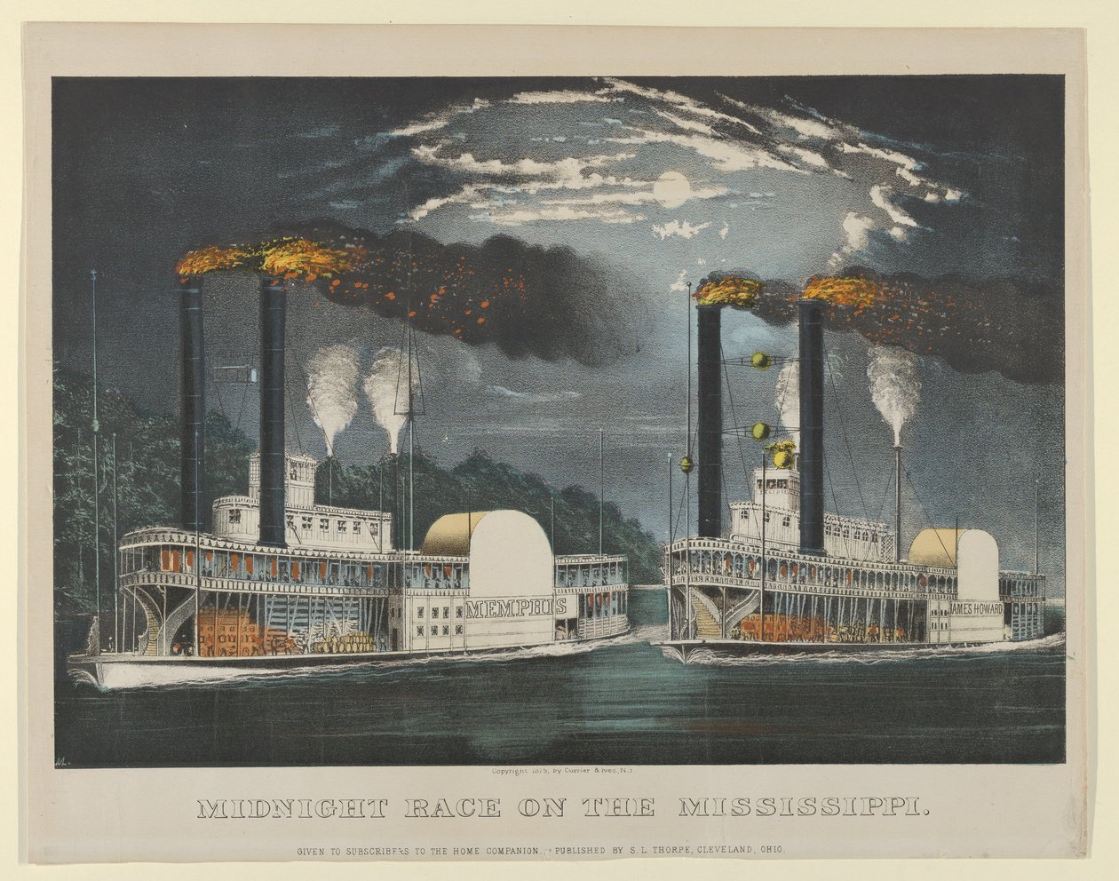 Midnight Race on the Mississippi, 1875., 1875. Skapere: Nathaniel Currier, James Merritt Ives, Currier og Ives. av Currier and Ives