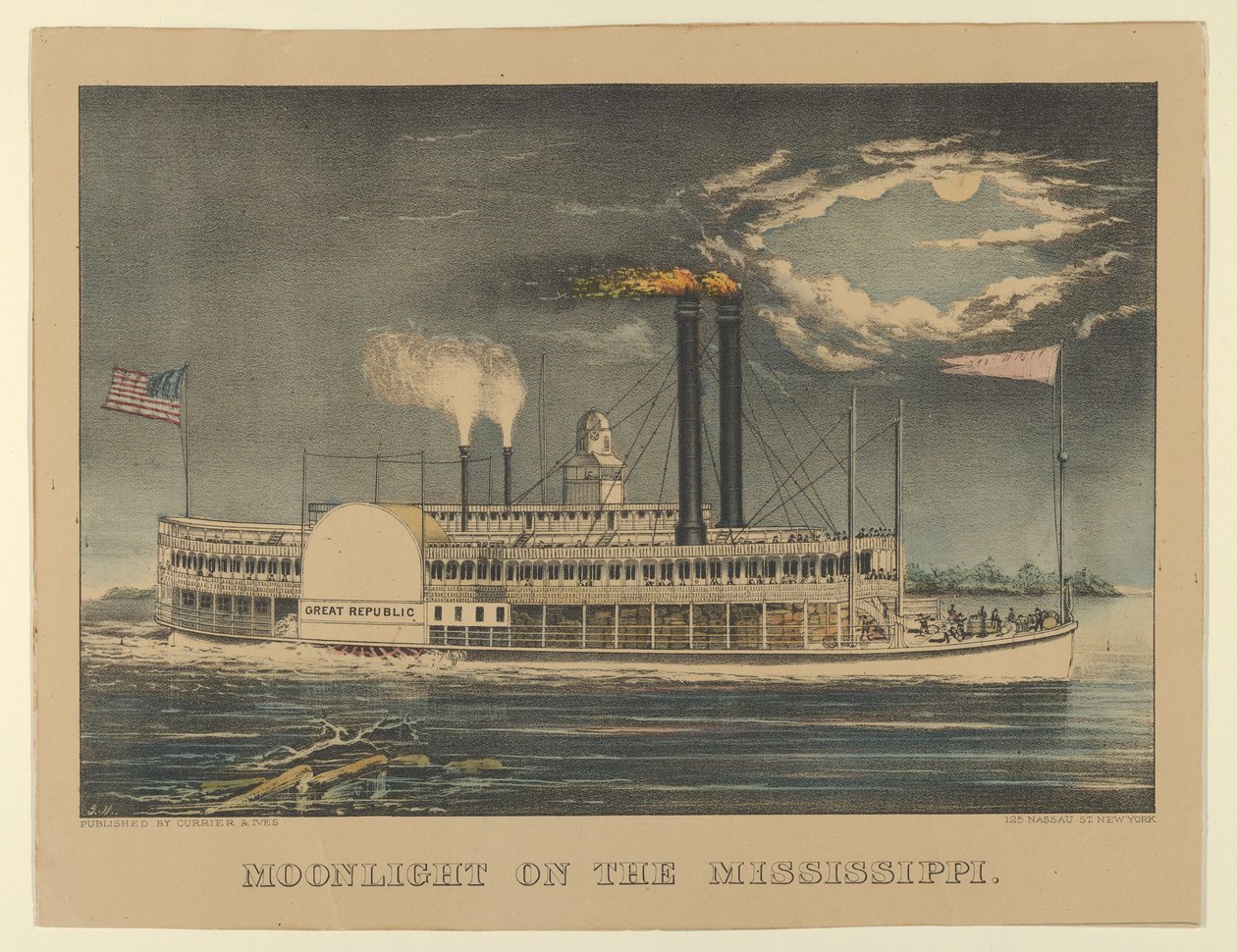 Måneskinn på Mississippi, 1872-74., 1872-74. Skapere: Nathaniel Currier, James Merritt Ives, Currier og Ives. av Currier and Ives