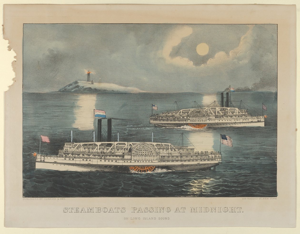 Dampbåter passerer ved midnatt - On Long Island Sound, 1872-74., 1872-74. Skapere: Nathaniel Currier, James Merritt Ives, Currier og Ives. av Currier and Ives