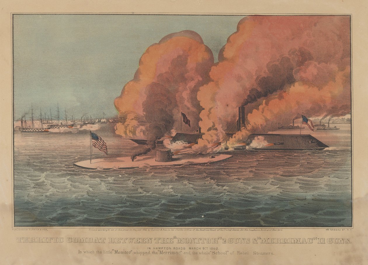 Terrific Combat Between the Monitor 2 Guns & Merrimac 11 Guns - In Hampton Roads March..., 1862. Skapere: Nathaniel Currier, James Merritt Ives, Currier og Ives. av Currier and Ives