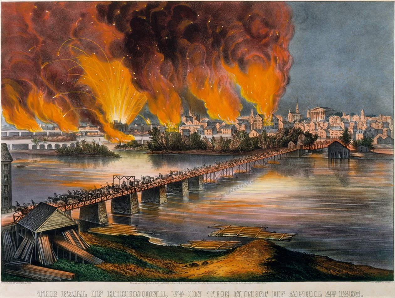 Fall of Richmond, Virginia, natten til 2. april 1865, 1865., 1865. Skapere: Nathaniel Currier, James Merritt Ives, Currier og Ives. av Currier and Ives