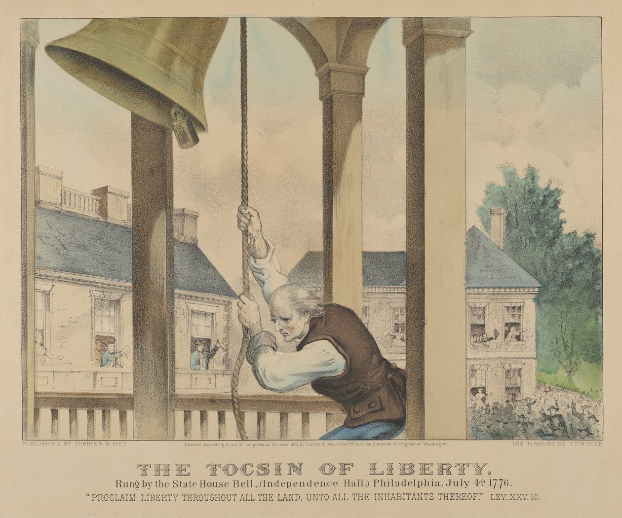 The Tocsin of Liberty-Rung av State House Bell, Independence Hall Philadelphia, juli..., 1876. Skapere: Nathaniel Currier, James Merritt Ives, Currier og Ives. av Currier and Ives