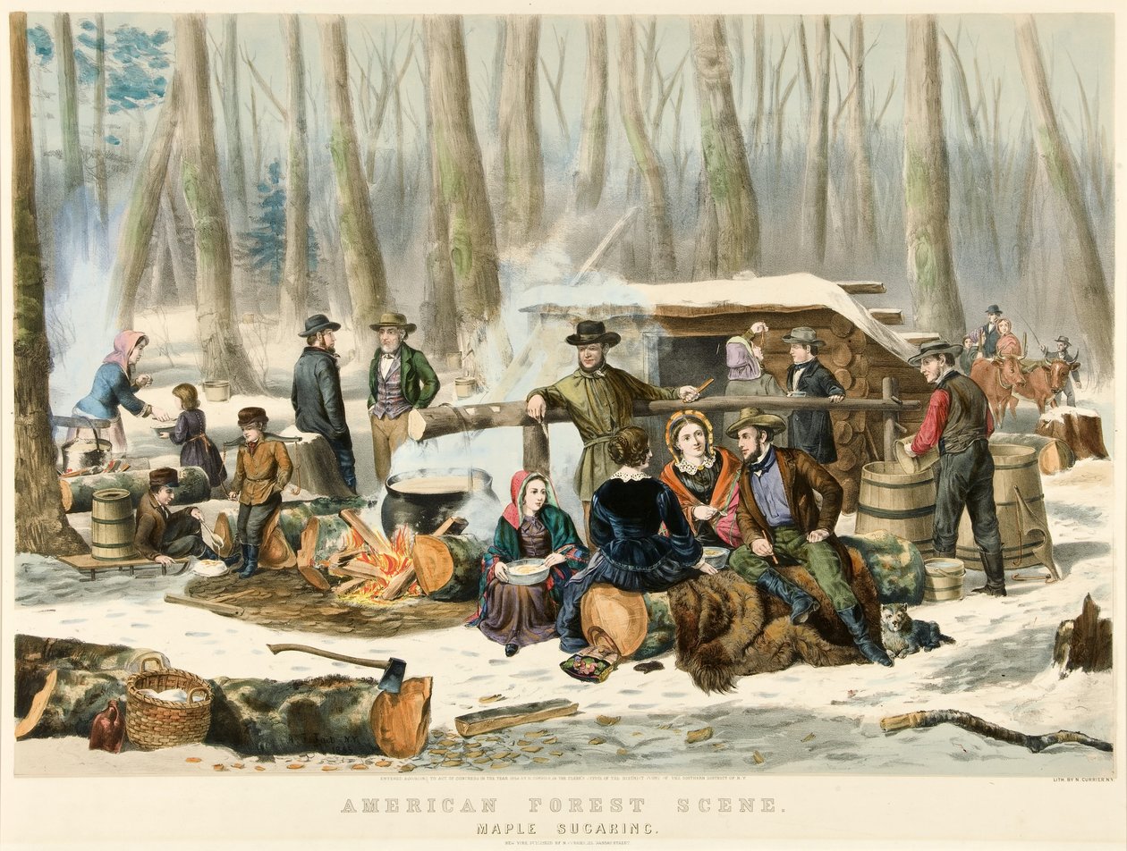 American Forest Scene - Maple Sugaring, pub. 1855 av Nathaniel Currier