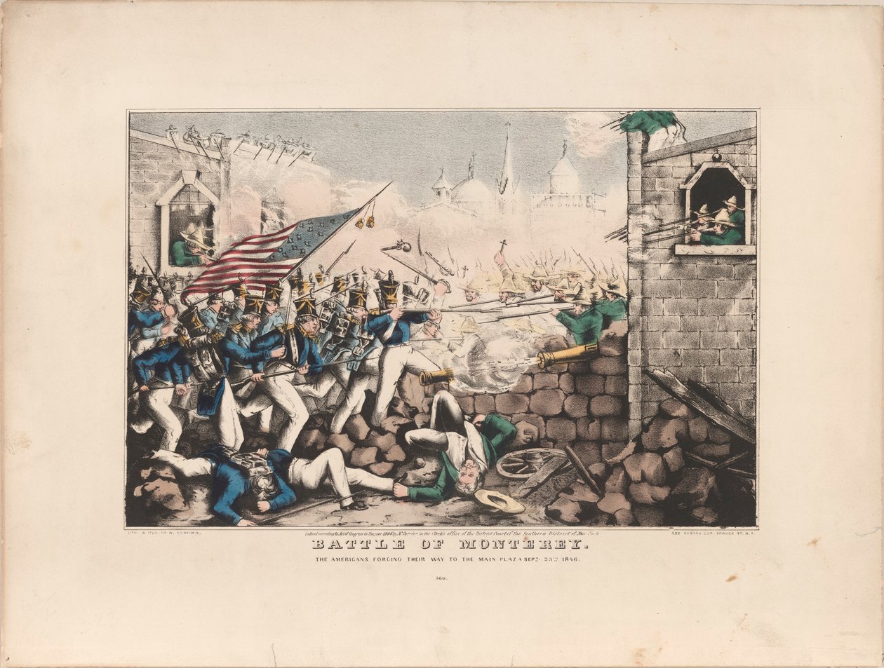 Slaget ved Monterey / Amerikanerne som tvinger seg til hovedplassen, 23. september 1846 av Nathaniel Currier