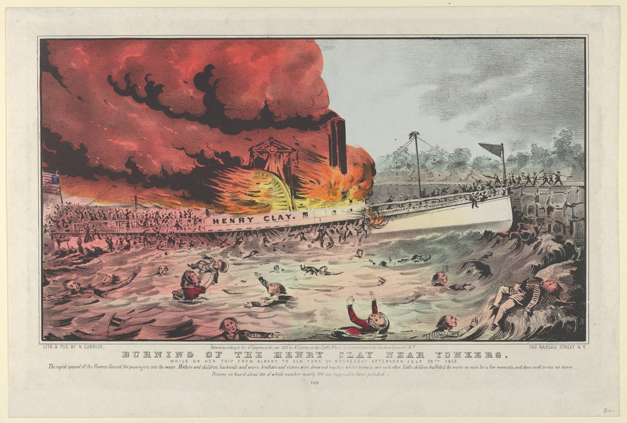 Brenning av Henry Clay nær Yonkers - mens hun var på tur fra Albany til New York onsdag..., 1852. av Nathaniel Currier