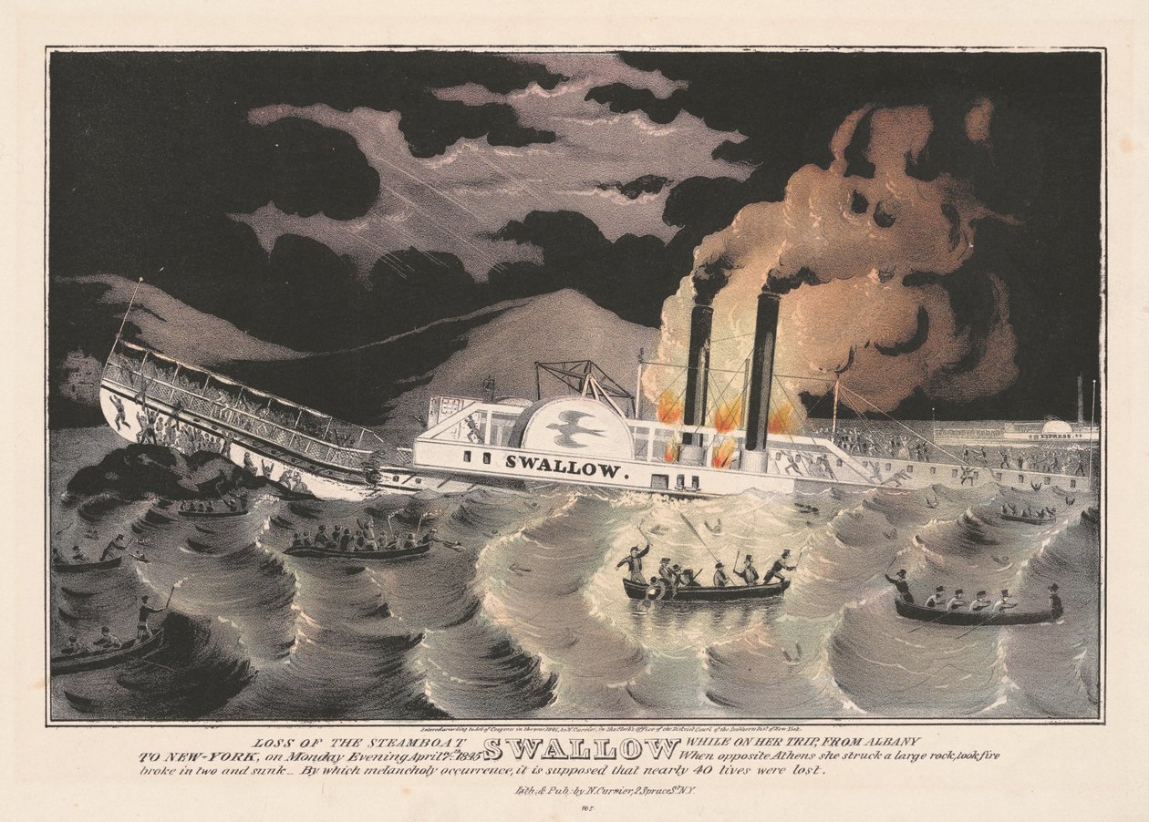 Tap av dampbåtsvalen, mens hun var på tur fra Albany til New York, 1845 av Nathaniel Currier