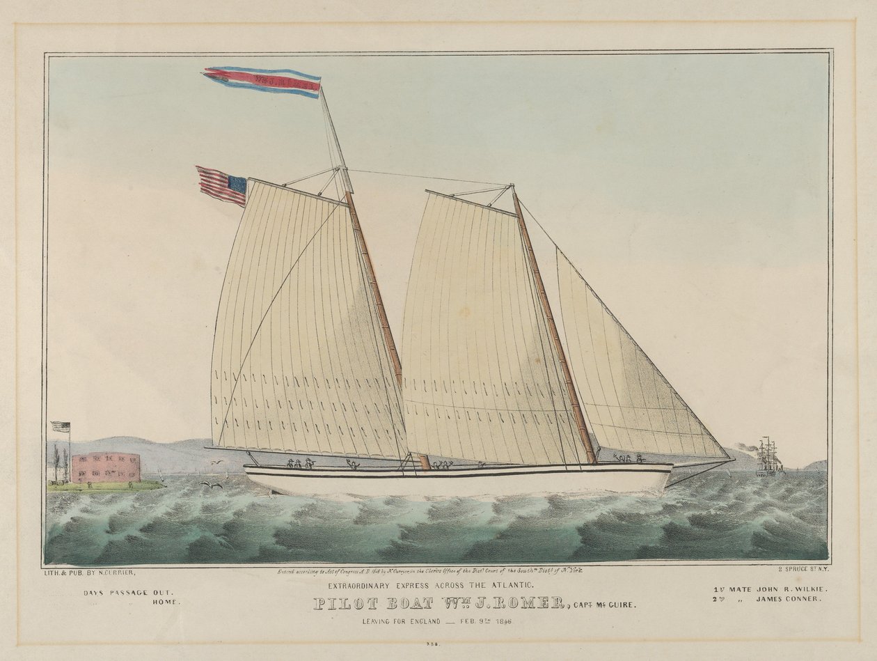 Pilotbåt William J. Romer, kaptein McGuire, på vei til England 9. februar 1846 (håndkolorert litografi) av Nathaniel Currier