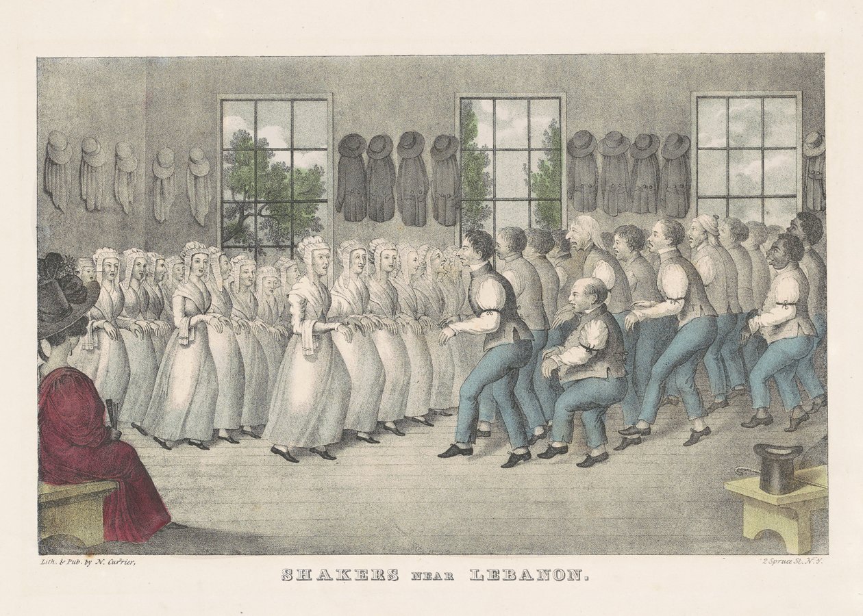 Shakere nær Libanon, ca. 1830 (håndfarget litografi) av Nathaniel Currier