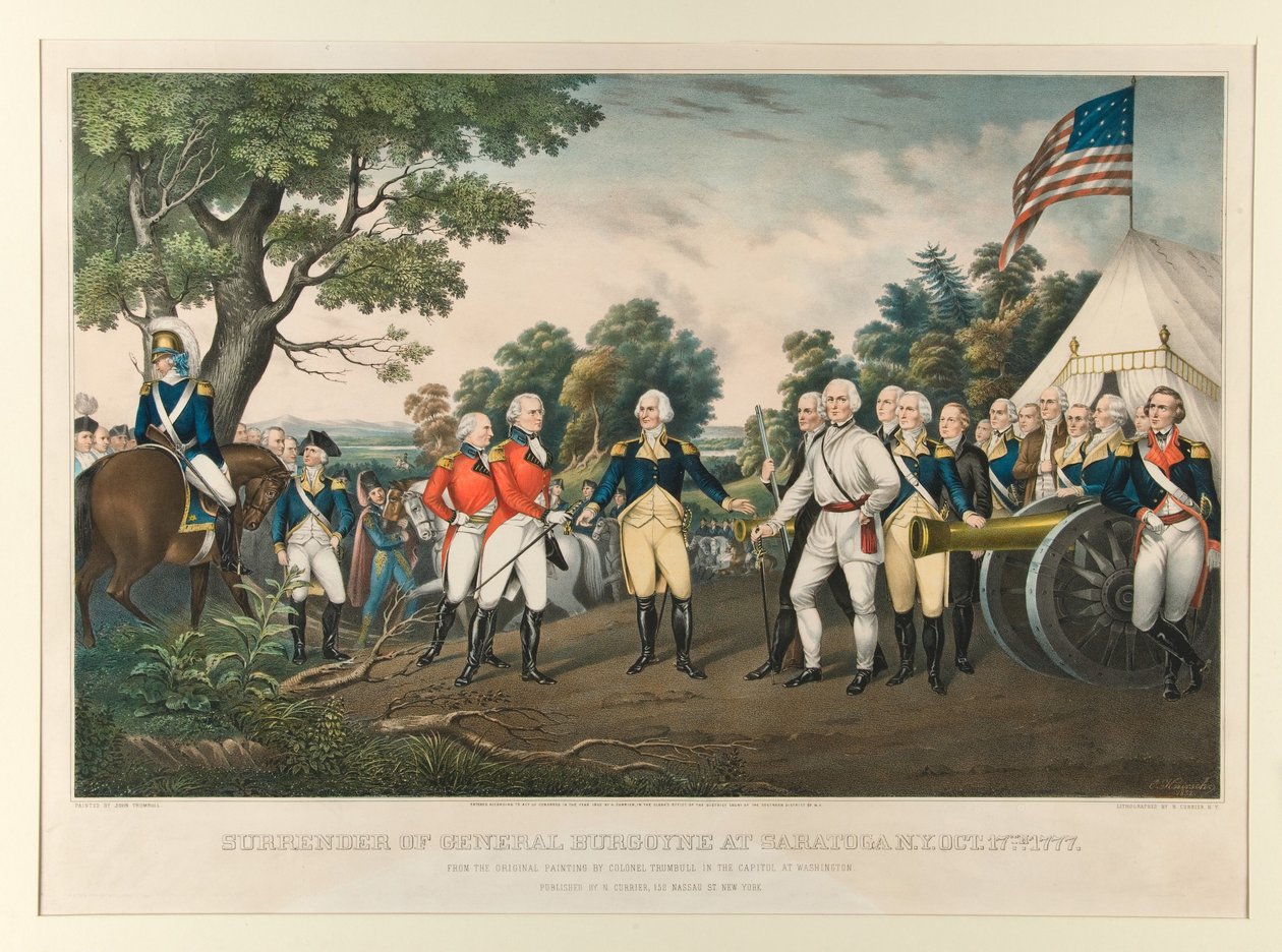 General Burgoynes overgivelse ved Saratoga, N.Y., 17. okt. 1777, etter det opprinnelige maleriet av oberst Trumbull i Kapitolium i Washington av Nathaniel Currier