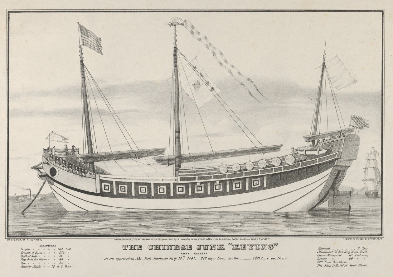 The Chinese Junk Keying-Captain Kellett-Som hun dukket opp i New York havn 13. juli 1..., 1847. av Nathaniel Currier