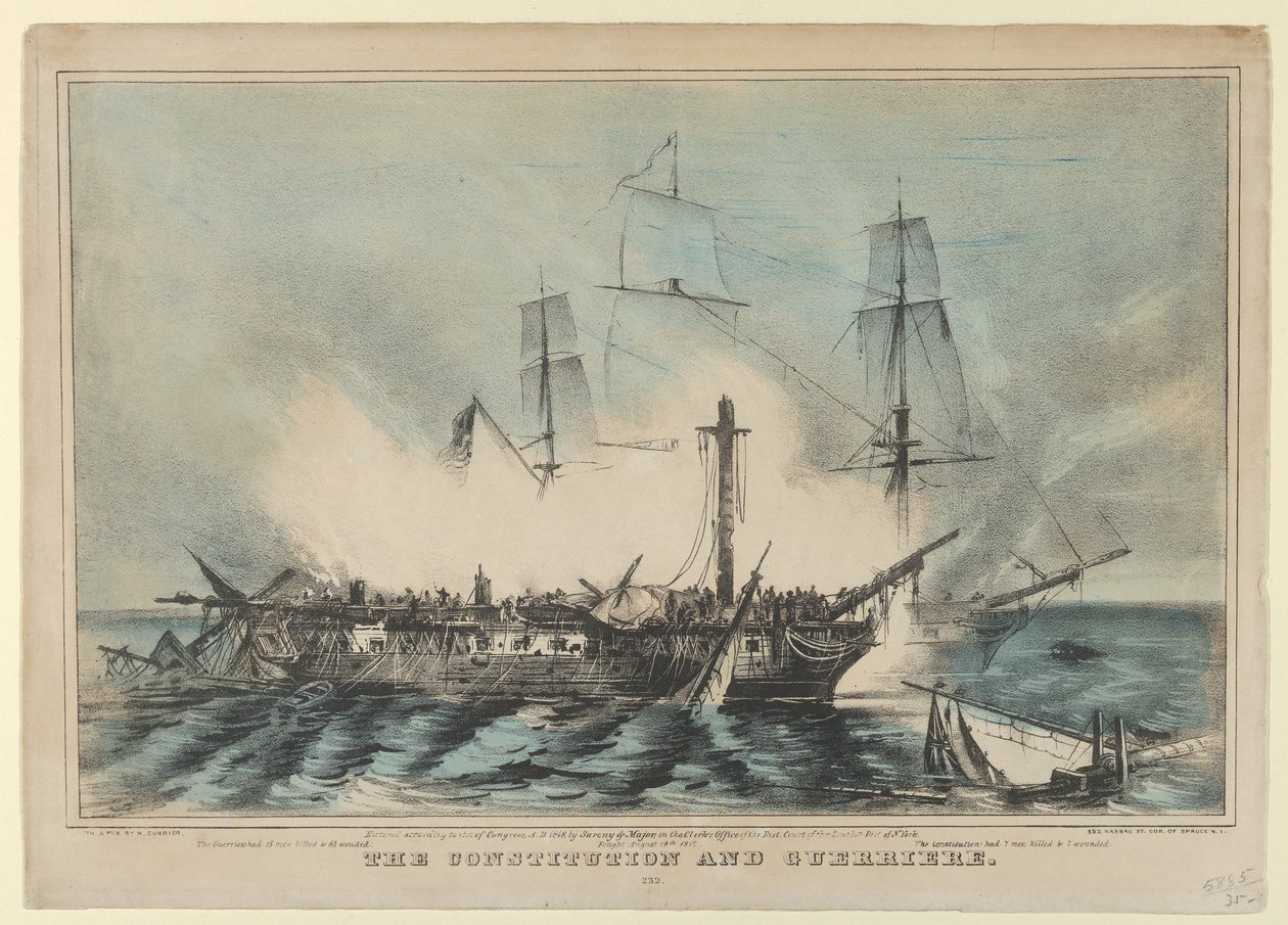 Grunnloven og Guerriere-kjempet 19. august 1812-The Guerriere hadde 15 menn drept..., 1848. av Nathaniel Currier