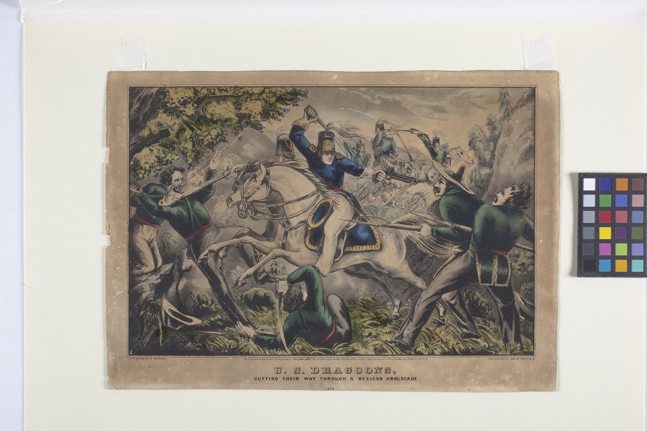 U.S. Dragoons, skjærer seg gjennom en meksikansk Ambuscae (håndfarget litografi) av Nathaniel Currier