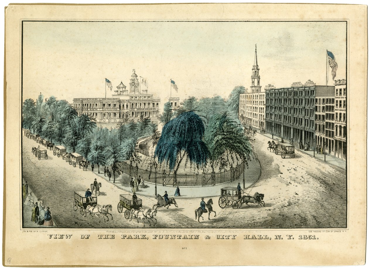 Utsikt over parken, Fountain und City Hall, N.Y. 1851, 1851 av Nathaniel Currier