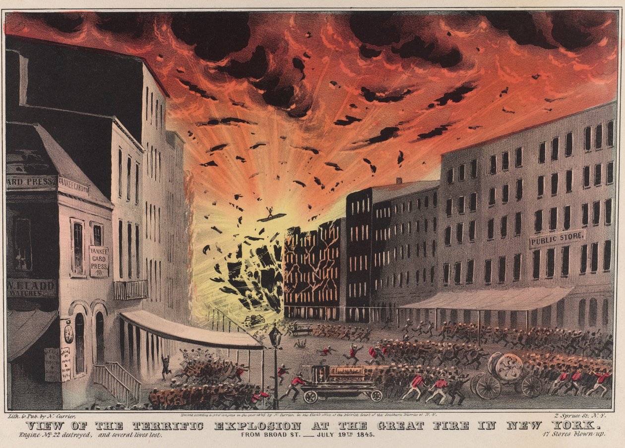 Utsikt over den fryktelige eksplosjonen under den store brannen i New York. Fra Broad St. - 19. juli 1845 av Nathaniel Currier