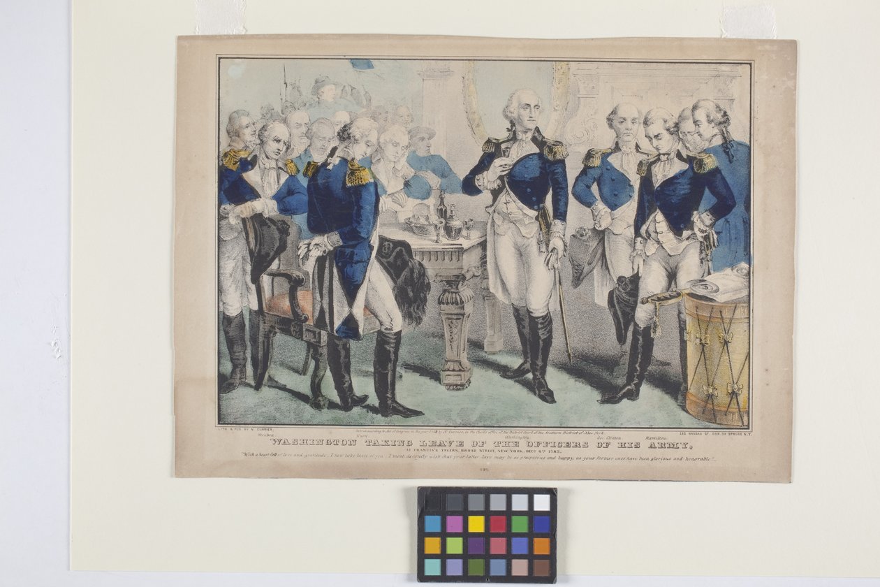 Washington tar avskjed med offiserene til hæren hans (håndfarget litografi) av Nathaniel Currier