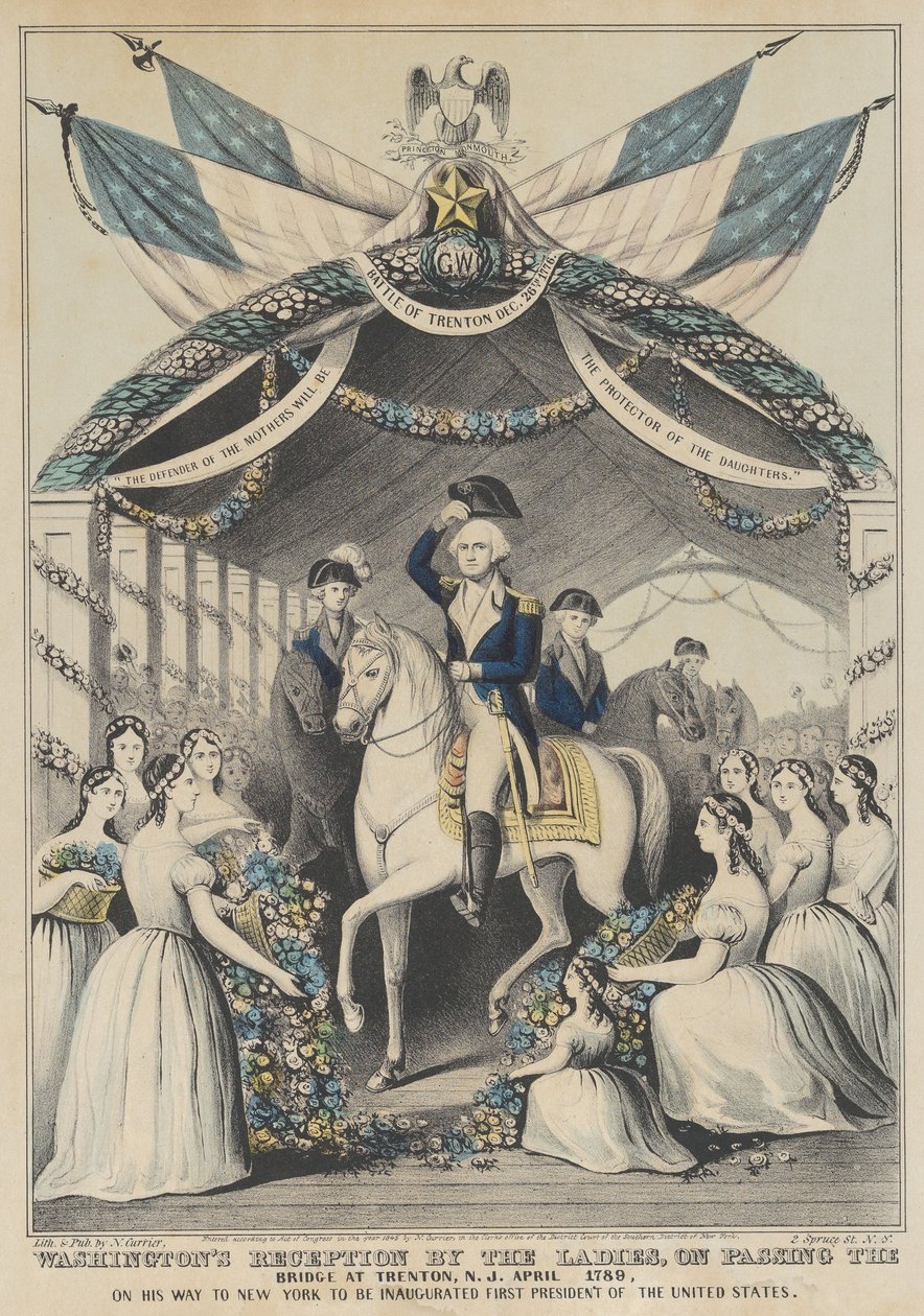 Washingtons mottakelse av damene ved passering av broen i Trenton, april 1789, på vei til å bli innsatt som første president i USA av Nathaniel Currier
