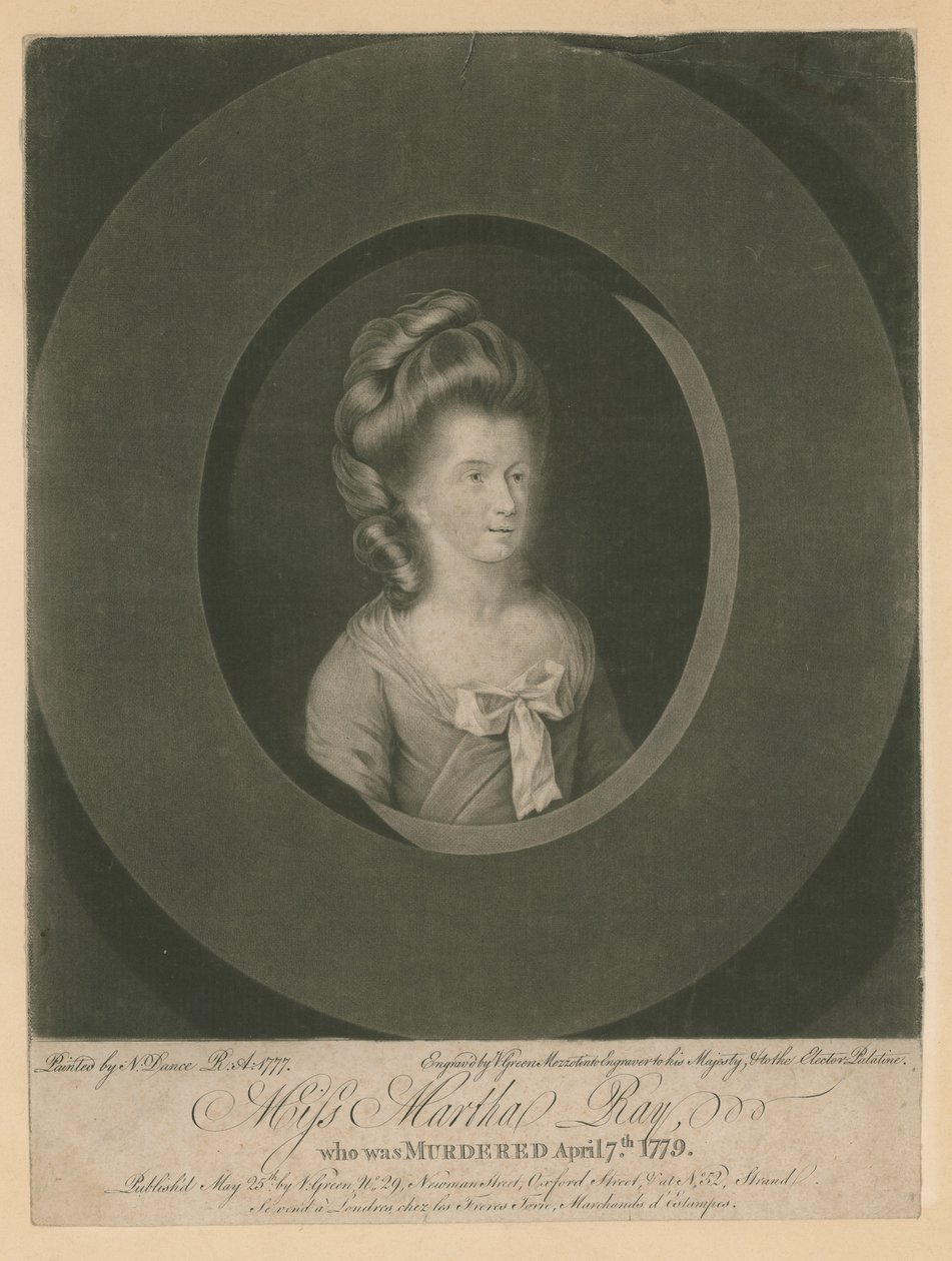 Martha Ray, sangerinne, som ble myrdet av James Hackman, en soldat, 7. april 1779 (gravering) av Nathaniel Dance