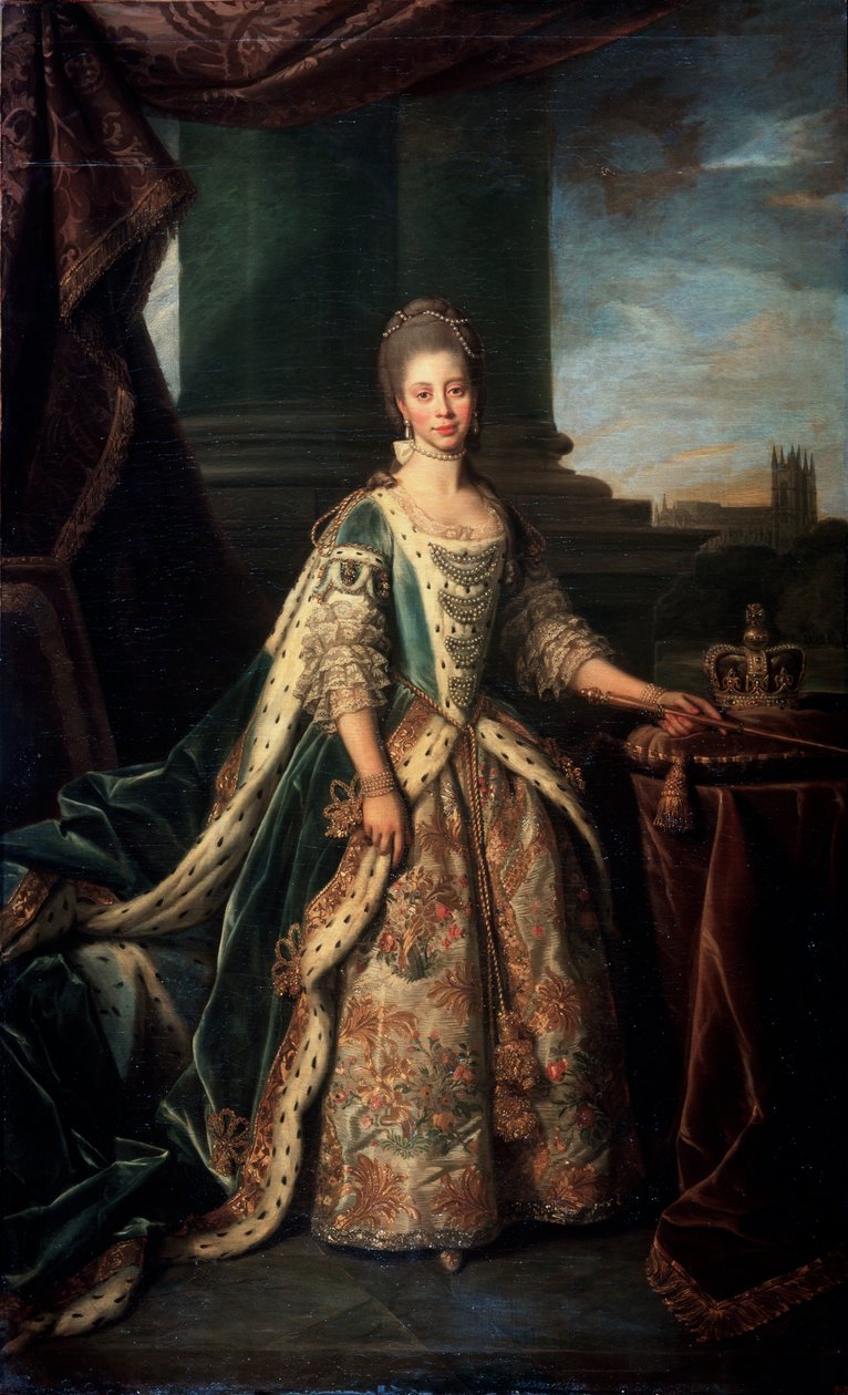 Portrett av Charlotte av Mecklenburg-Strelitz, kone til kong George III av England, 1773 av Nathaniel Dance Holland