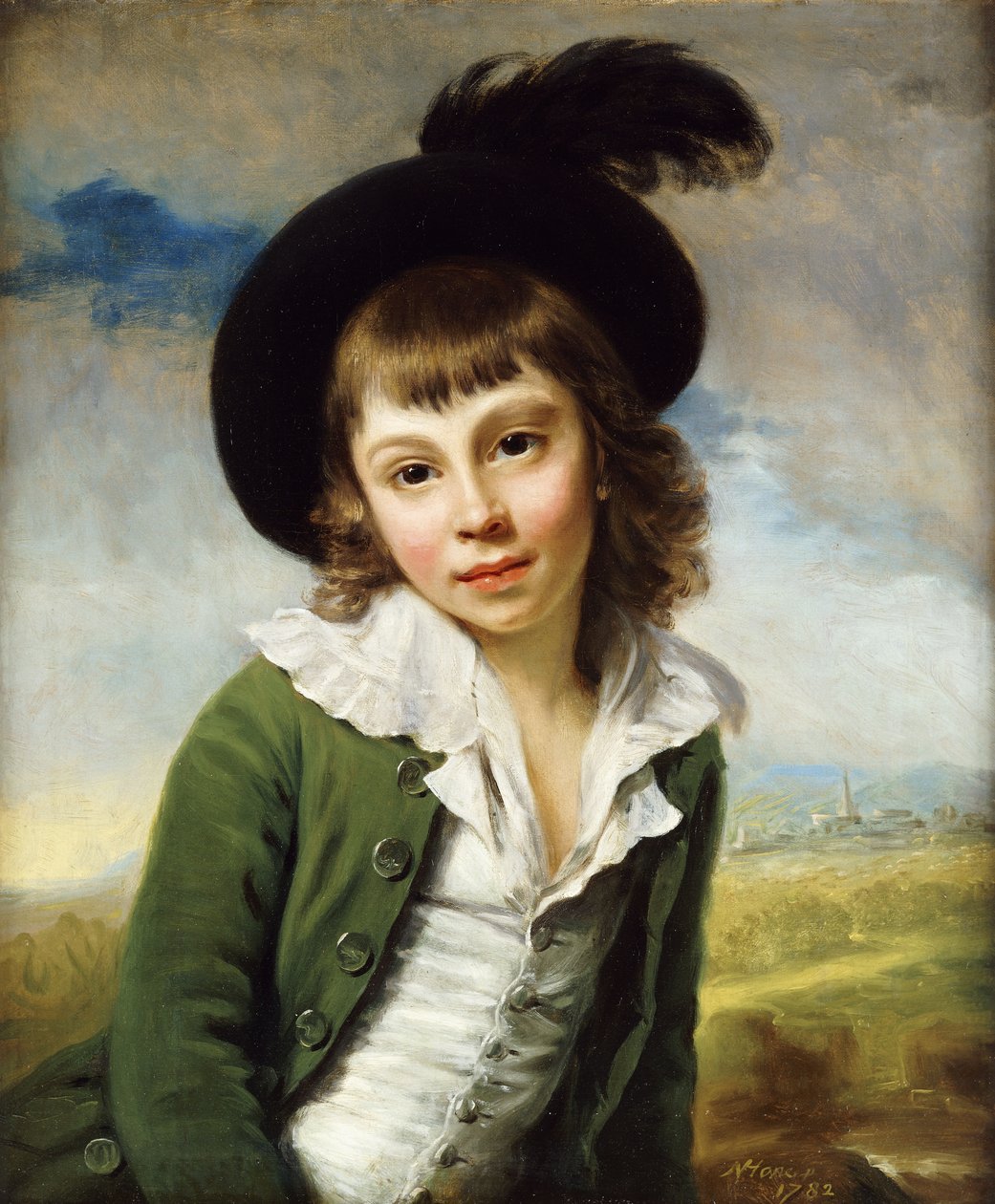 "Den grønne gutten": Et portrett av en gutt i halv lengde, i en grønn frakk og svart hatt med en fjærfjær, 1782 av Nathaniel Hone