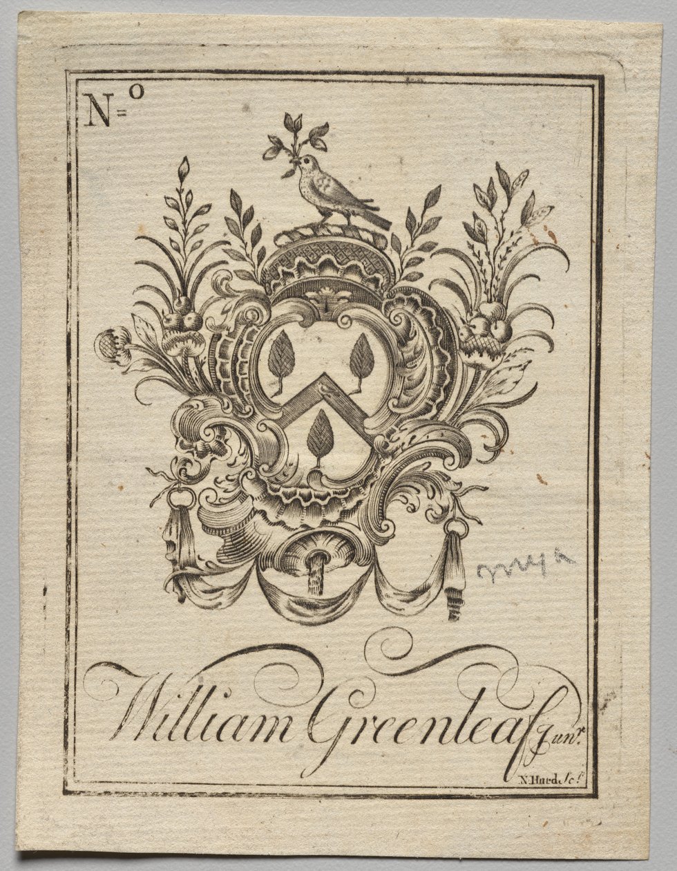 Bokskilt: våpenskjold med William Greenleaf Jun.r påskrevet av Nathaniel Hurd