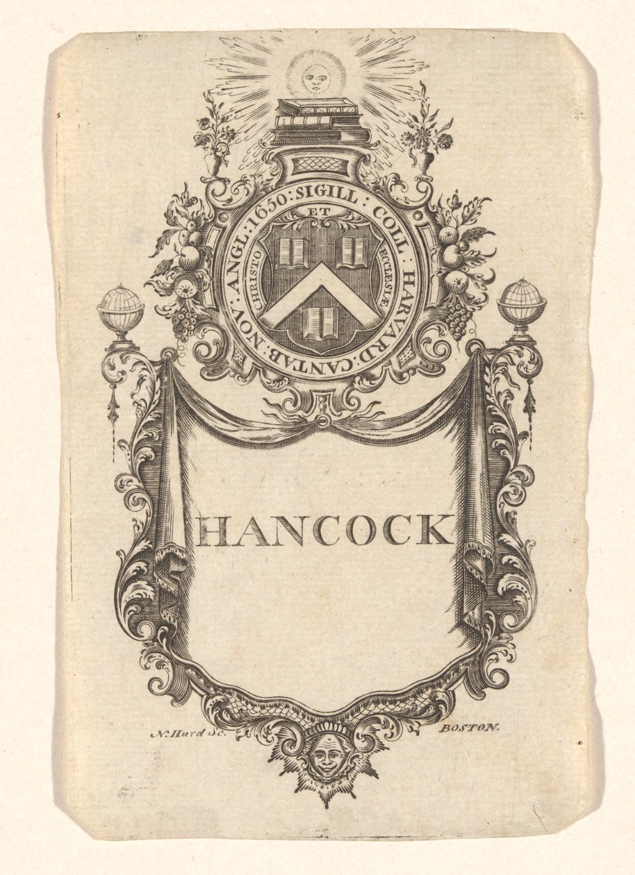 Bookplate fra Harvard College (Hancock) av Nathaniel Hurd