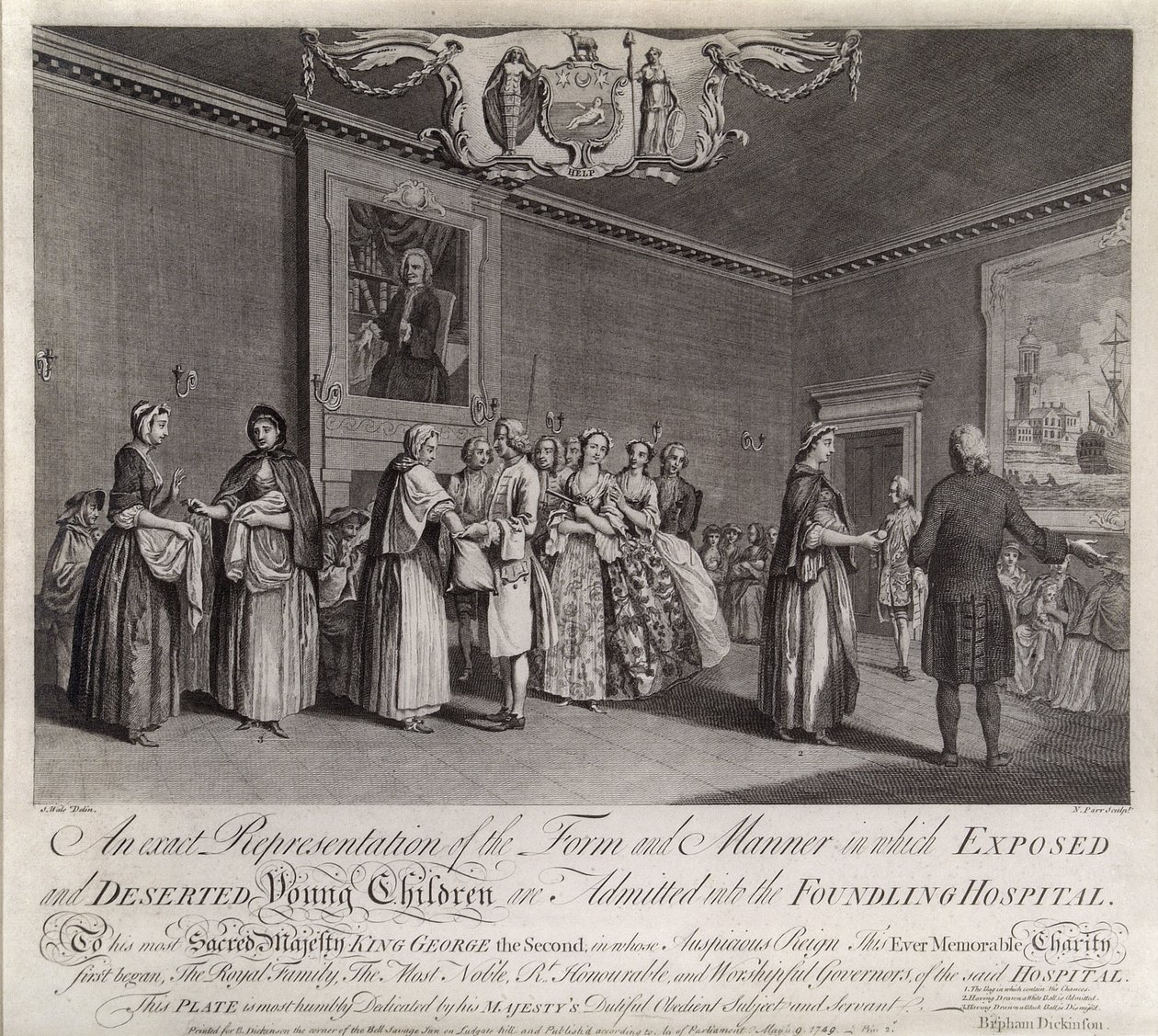 En eksakt representasjon av formen og måten eksponerte og øde små barn blir tatt inn på Foundling Hospital, 1749 av Nathaniel Parr