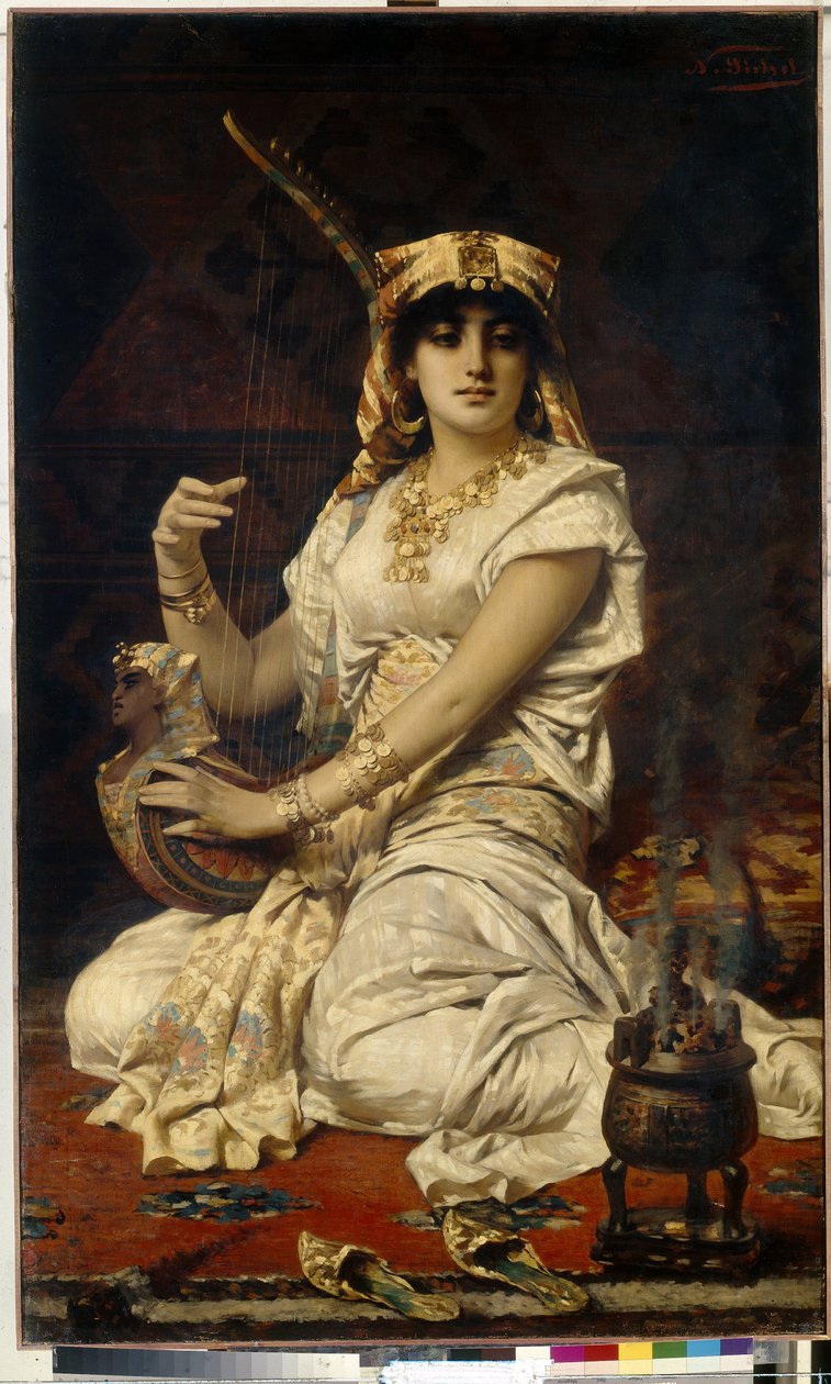 Almee (Almee). Portrett av en vakker, lærd og utdannet kvinne, som spiller musikk, kledd i et egyptisk kostyme. Maleri av Nathaniel Sichel (1843-1907), olje på lerret av Nathaniel Sichel