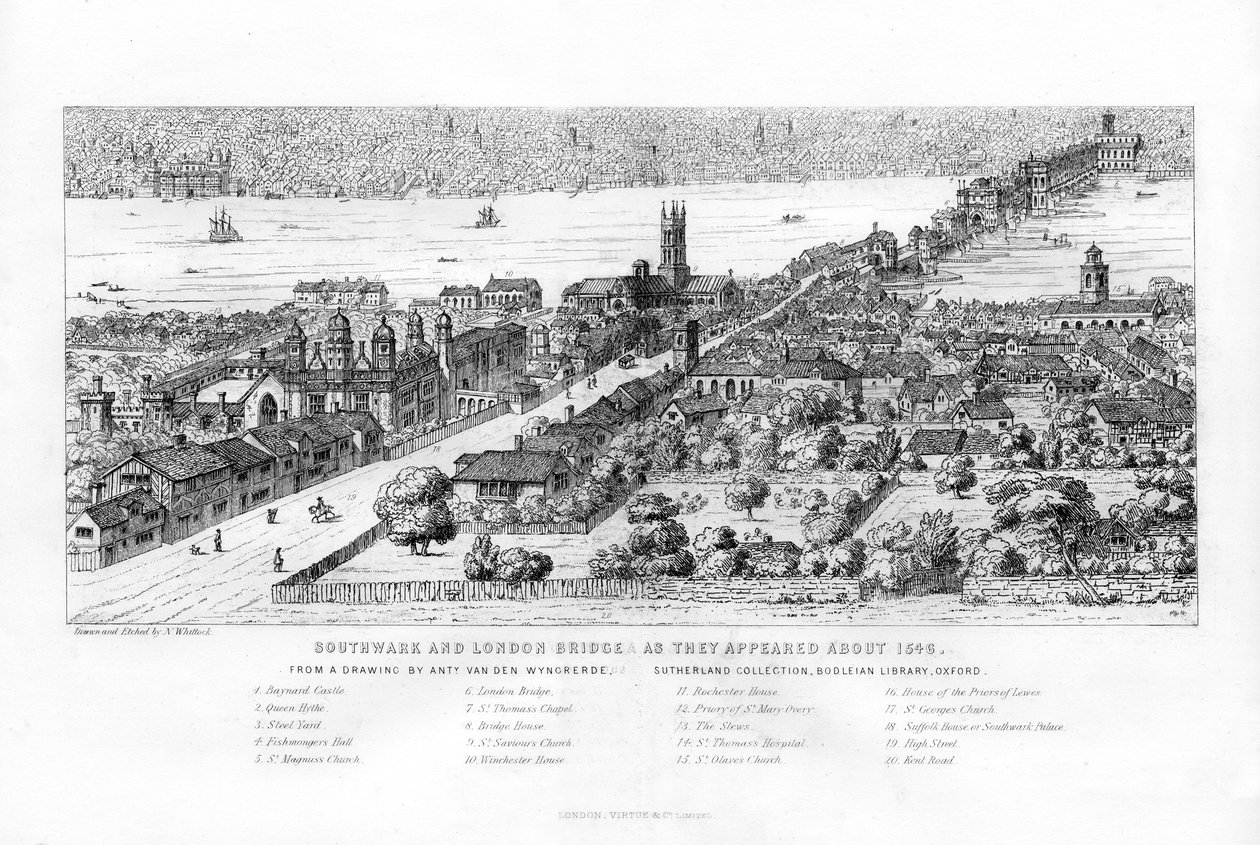 Southwark og London Bridge slik de dukket opp rundt 1546, c1860. av Nathaniel Whittock
