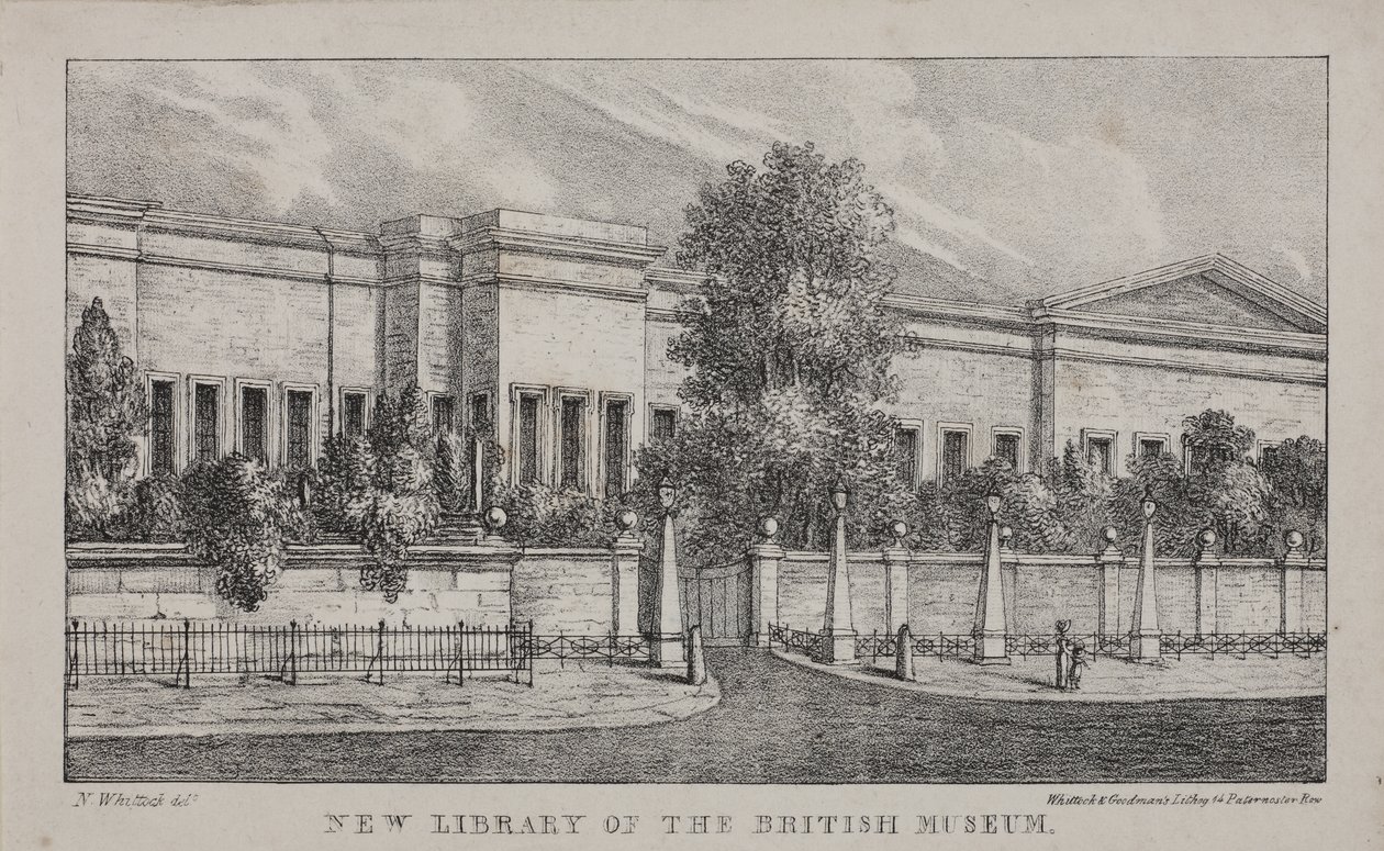 Utsikt over det nye biblioteket ved British Museum, ca. 1830 (litho) av Nathaniel Whittock