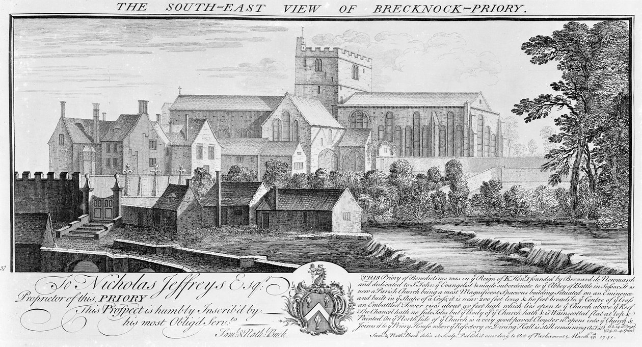 Den sørøstlige utsikten over Brecknock Priory, 1741 av Nathaniel and Samuel Buck