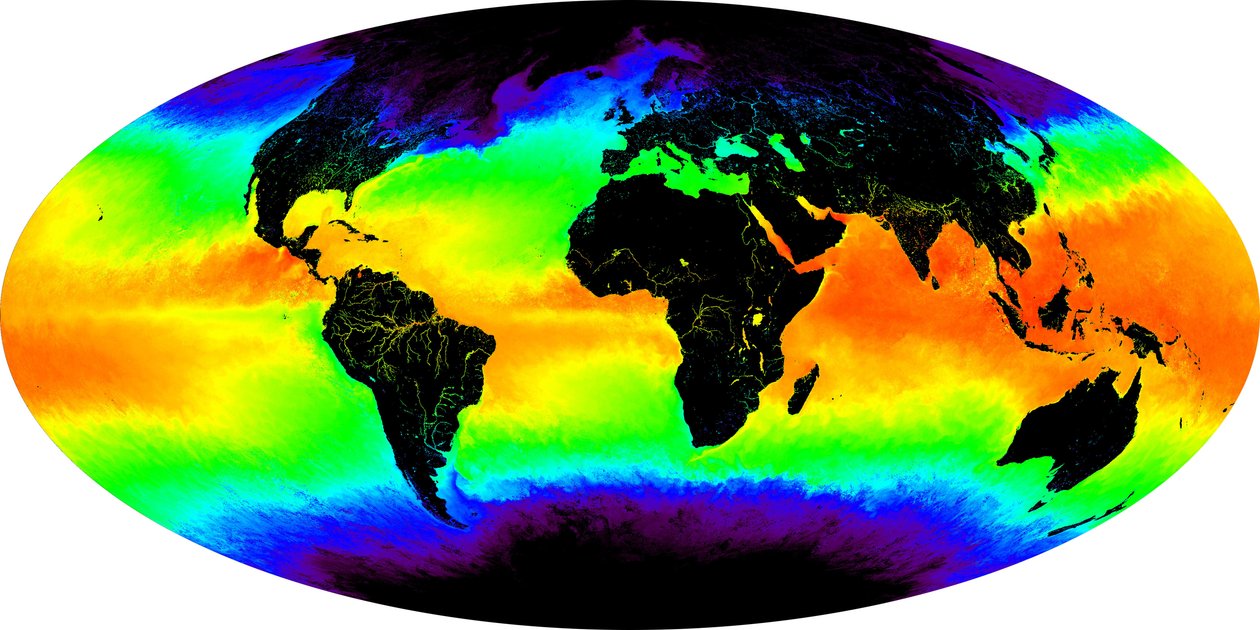 Kredittbilde med tillatelse: MODIS Ocean Group, NASA GSFC og University of Miami: havoverflatetemperatur vist i bilde med falske farger. en måneds kompositt for mai 2001. Rødt og gult indikerer varmt av National Aeronautics and Space Administration National Aeronautics and Space Administration