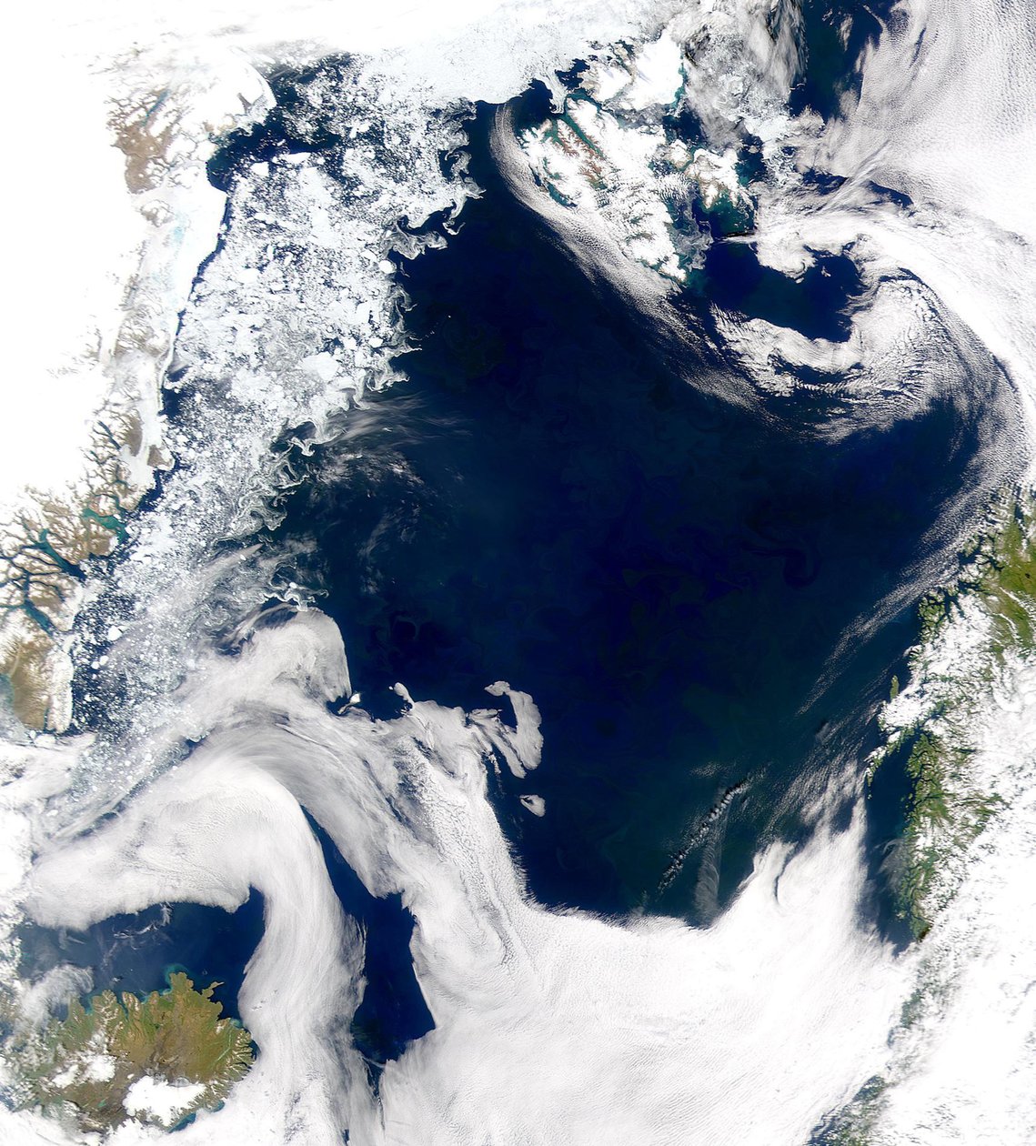 Kreditt gitt av SeaWiFS-prosjektet, NASAGoddard Space Flight Centre og ORBIMAGE Det kalde, produktive vannet i Grønlandshavet og Norskehavet avsløres i dette SeaWiFS-bildet. av National Aeronautics and Space Administration National Aeronautics and Space Administration