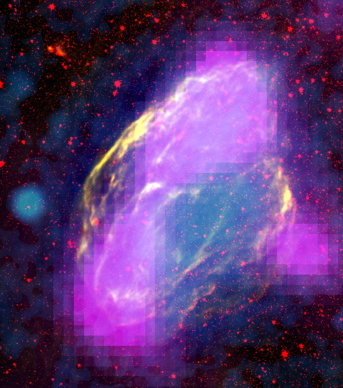 GeV-gammastråleutslippsregioner (magenta) i W44 supernovarest. Funksjoner er tydelig på linje med filamenter i andre bølgelengder. Sammensatt, sammenslående røntgenstråler (blå) ROSAT-oppdrag, infrarød (rød) NASA. Scie av National Aeronautics and Space Administration National Aeronautics and Space Administration
