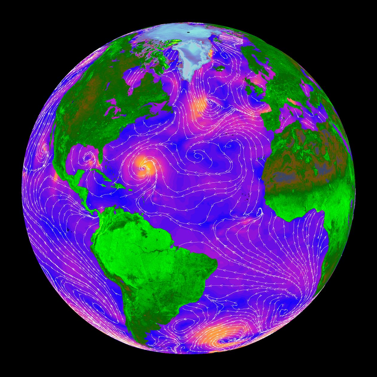 Globale radarmålinger på klar himmel og gjennom skyer. Radardataene over havet gir forskere og værmeldinger informasjon om overflatevindhastighet og -retning. Kreditt NASA. av National Aeronautics and Space Administration National Aeronautics and Space Administration