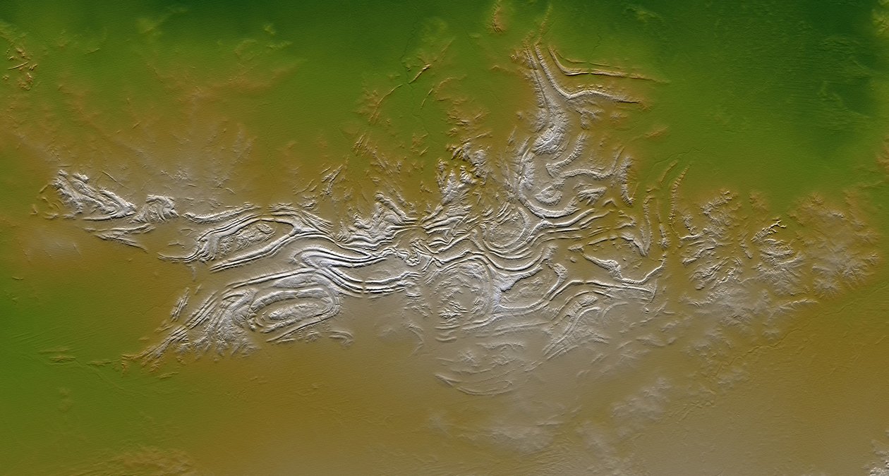 Ovale og sikksakkmønstre på Davenport Ranges, sentrale Australia. Antas å være blant de eldste vedvarende landformene på grunn av Australias tektoniske stabilitet over 700 millioner år. Kreditt NASA. Science av National Aeronautics and Space Administration National Aeronautics and Space Administration