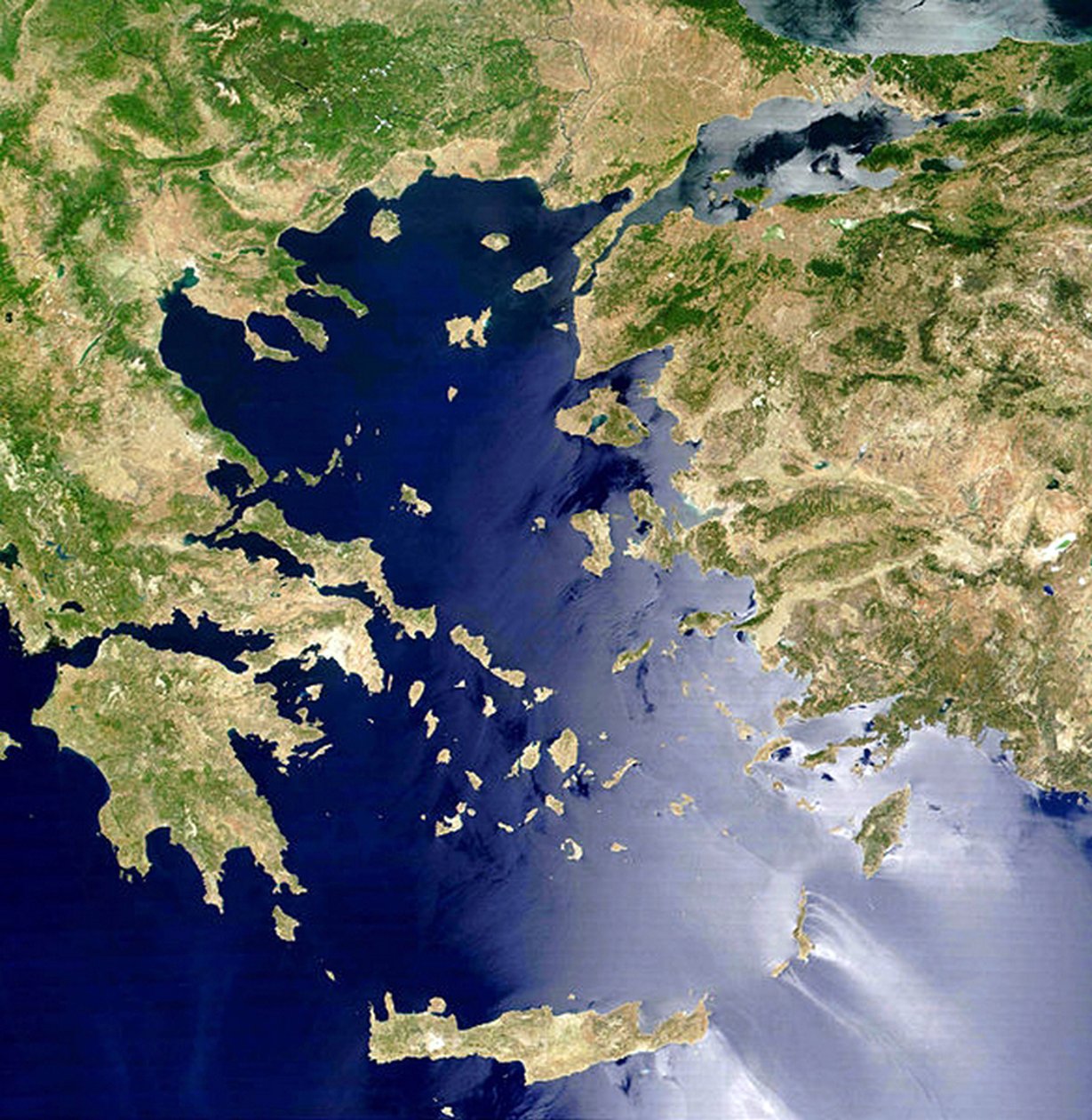 Satellittutsikt over Egeerhavet: Kreta er øya nederst i midten. NASA-bilde. Vitenskap av National Aeronautics and Space Administration National Aeronautics and Space Administration
