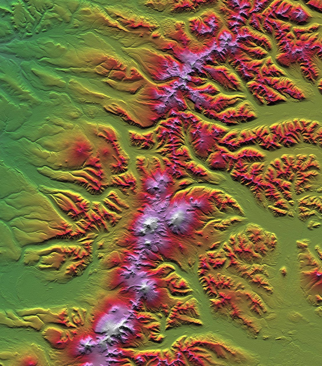 Sredinnyy Khrebet, Kamchatka-halvøya, Russland, vist i dette bildet laget fra en foreløpig høydemodell basert på første data samlet inn under Shuttle Rad. Kreditt NASA. Vitenskap Jordgeologi av National Aeronautics and Space Administration National Aeronautics and Space Administration