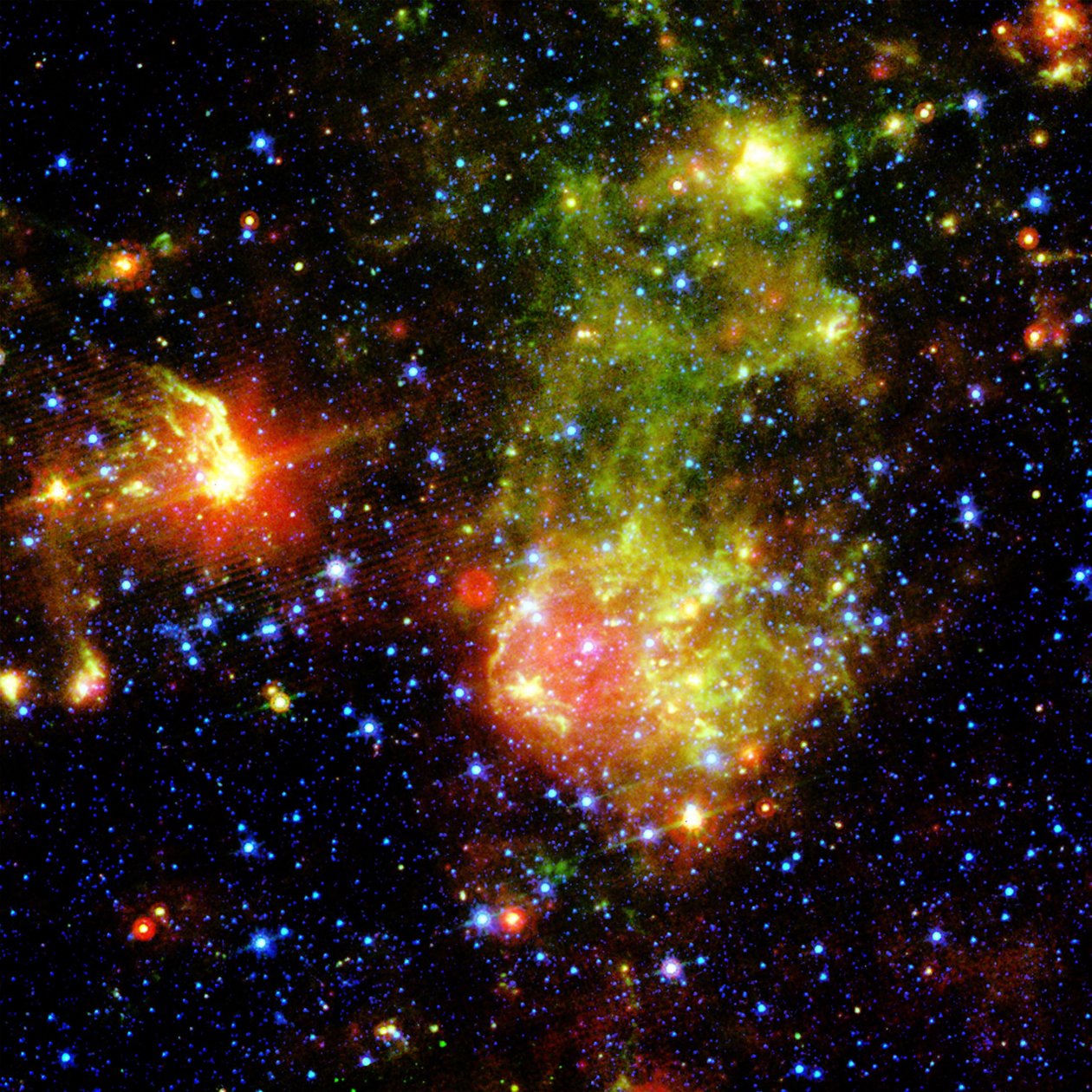 Supernova-rest 1E0102.2-7219 ved siden av Nebula N76 i et lyst, stjernedannende område av den lille magellanske skyen, som ligger omtrent 200 000 lysår fra Jorden. Kreditt NASA. Vitenskap astronomi av National Aeronautics and Space Administration National Aeronautics and Space Administration