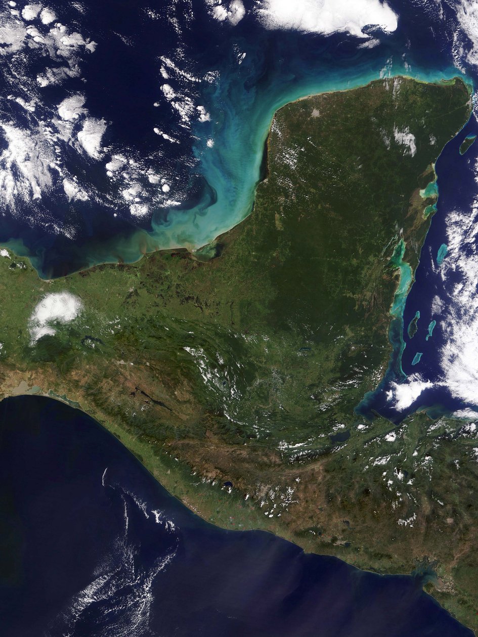 Yucatan-halvøya, sørøst i Mexico, som skiller Mexicogulfen fra Det karibiske hav fotografert av satellitt. Kreditt NASA. Science Earth Geology Oceanography av National Aeronautics and Space Administration National Aeronautics and Space Administration
