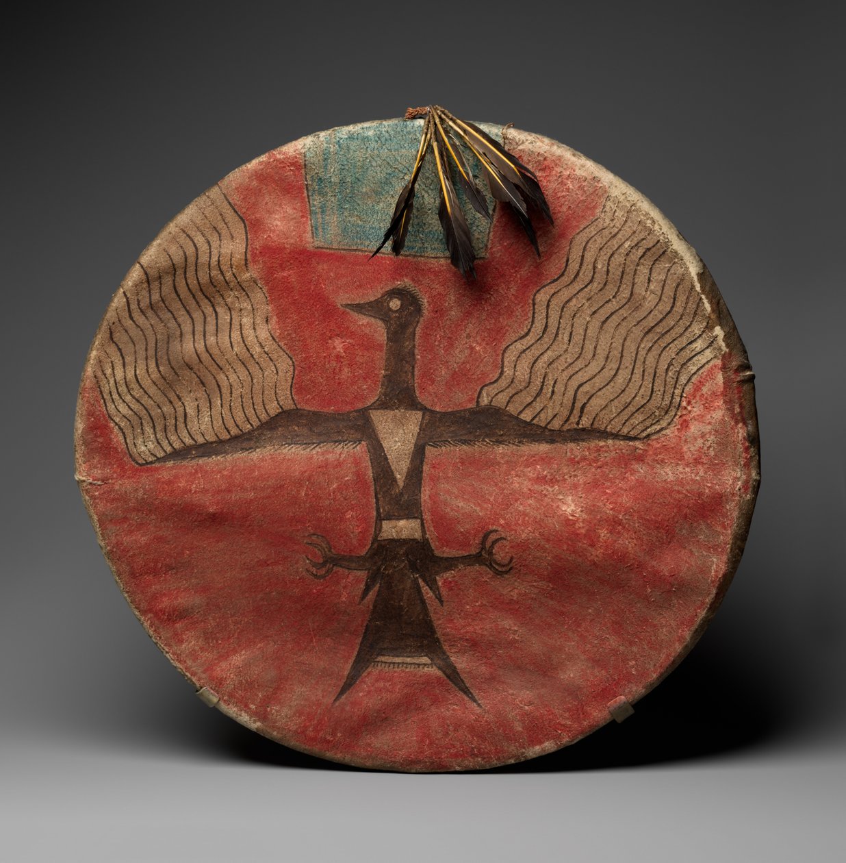 Skjold, ca. 1885 (garvet skinn, pigment, tre og fjær) av Native American
