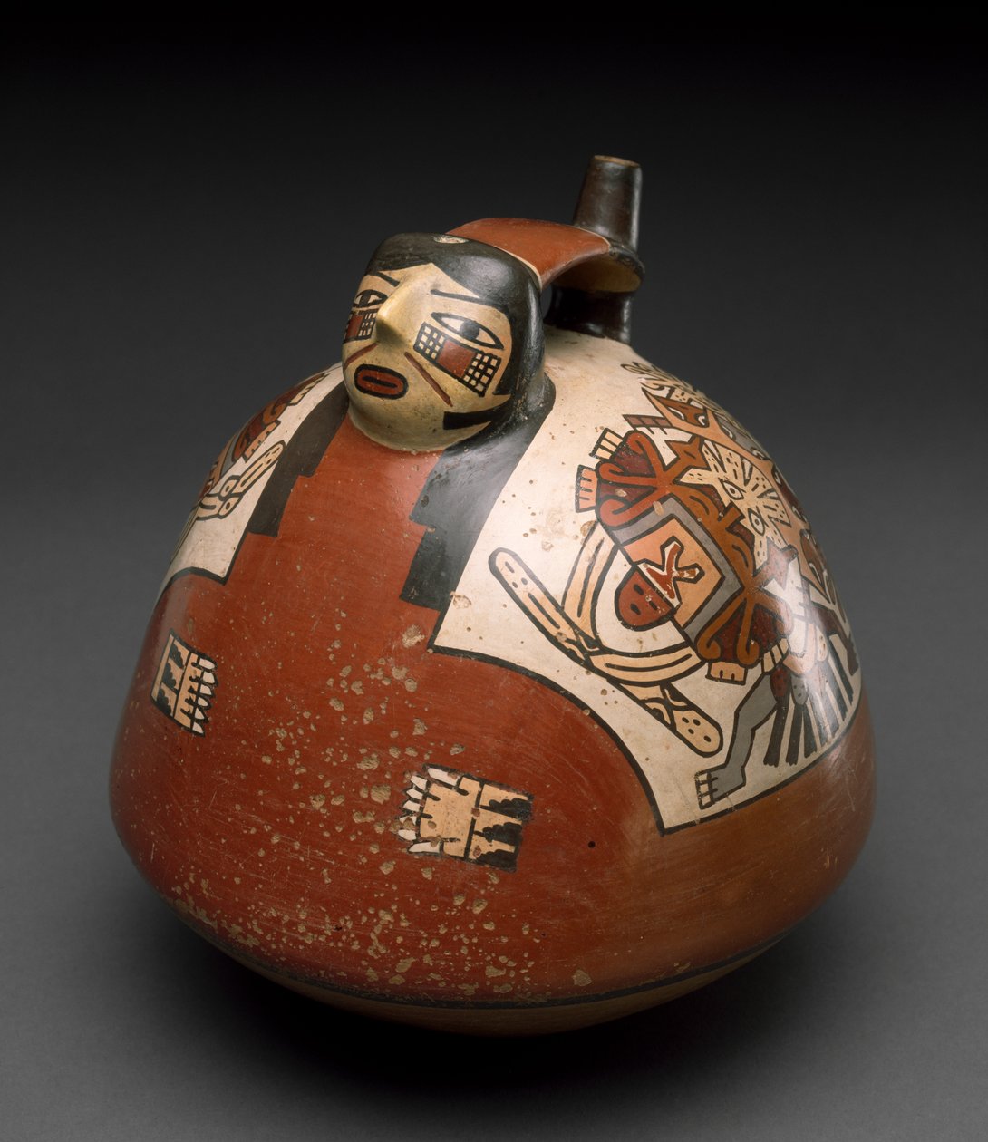 Fartøy i form av en caped Woman, Peru, 300-600 (lertøy med polykrom slip-maleri) av Nazca Culture