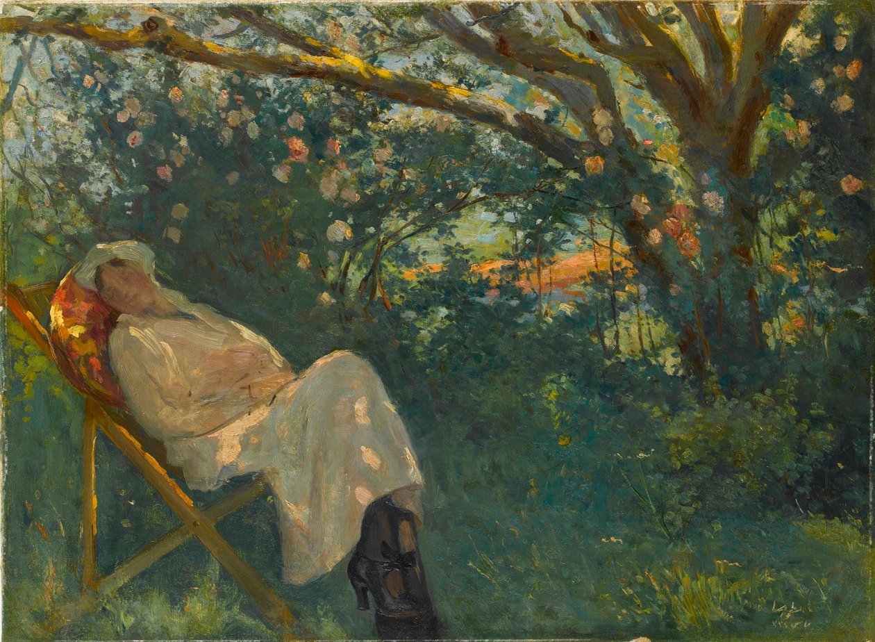 "Lady in Pink on a Chaise Longue" Maleri av Nazmi Ziya Gueran (1881-1937) - 1904 - Olje på lerret Dim 54x73 cm Sakip Sabanci Museum, Istanbul av Nazmi Ziya Gueran