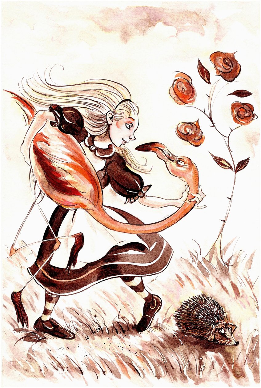 Alice med en flamingoklubbe - illustrasjon til Lewis Carrolls Alices Adventures in Wonderland (1865), 2005 av Neale Osborne